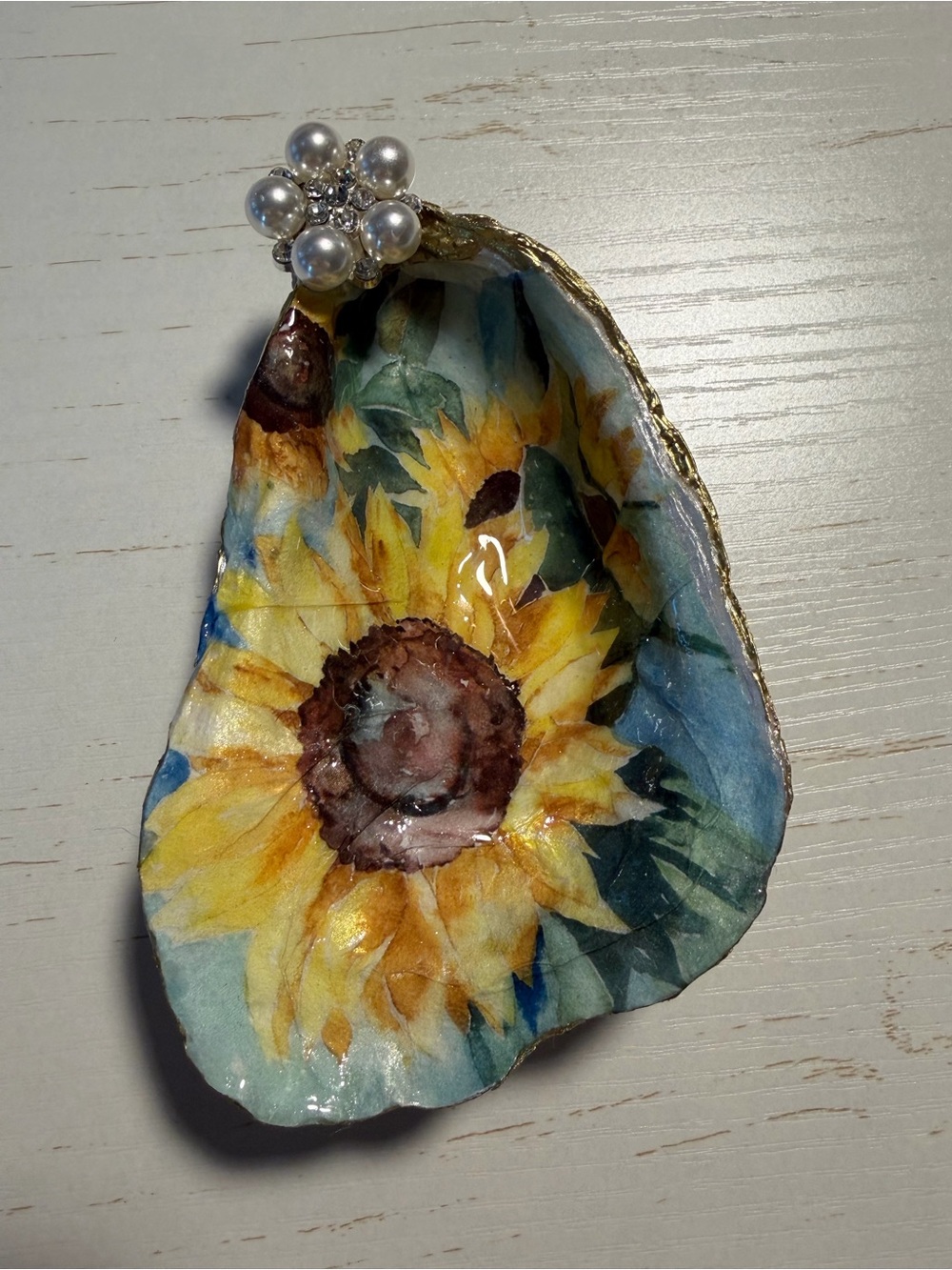Hand crafted sunflower decoupage oyster trinket dish